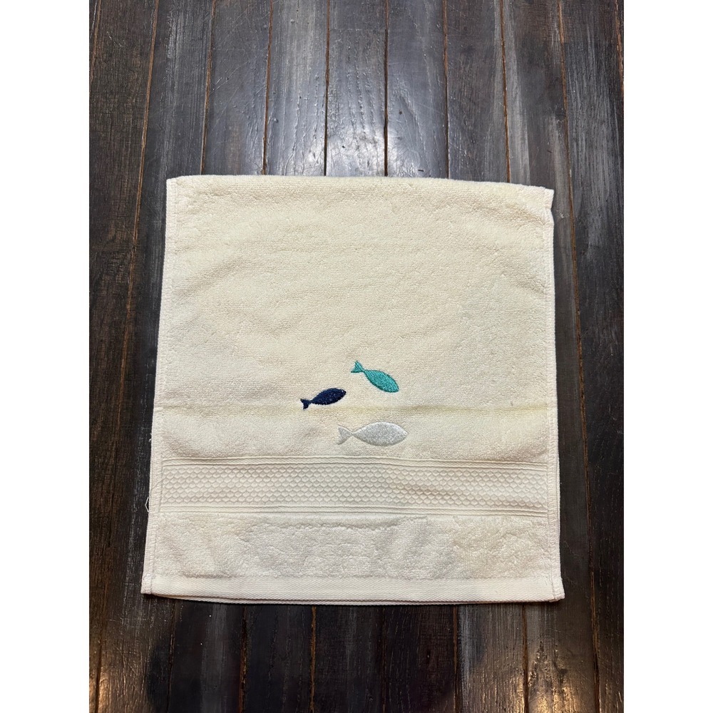 Embroidered Fish Cotton Hand Towel Cream Nautical Coastal 14x29
